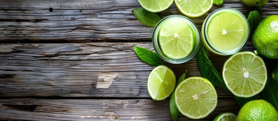 Poster - Detox diet with lime slices and lime juice on wooden table for copy space image.