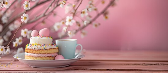 Poster - Festive Easter setup with a plate of cake and a coffee cup against a backdrop with space for text or images. image with copy space