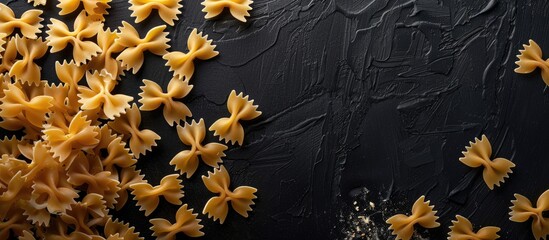 Poster - Copy space image of farfalle pasta arranged on a dark black background.