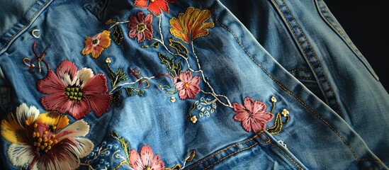 Poster - Denim shorts featuring textured embroidered flowers with a print on the jeans, allowing for copy space image.