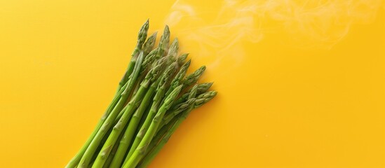 Poster - Asparagus steaming on a yellow backdrop with top-down copy space.