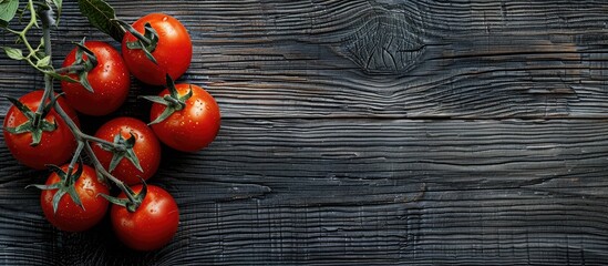Poster - An aerial view of ripe red tomatoes on a branch against a dark gray wooden backdrop with oak texture, placed to the left side with ample copy space image.