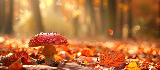 Poster - Fall leaves surround a mushroom growing on the ground, creating a picturesque scene with ample copy space image.