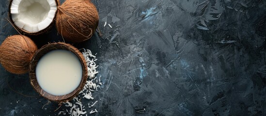 Aufkleber - Coconut milk and coconut on dark backdrop, with copy space image. Vegan alternative milk. Healthy non-dairy drink concept. Flat lay style.