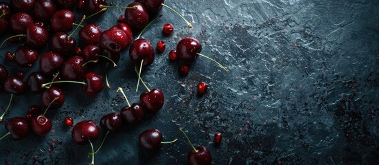Aufkleber - Dark sweet cherries scattered on a dark backdrop with space for text or images. image with copy space