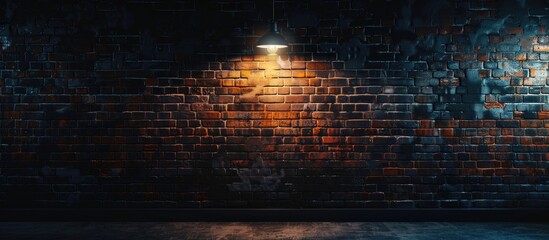 Poster - Dark urban underground setting with a brick wall under a lamp light, ideal as a copy space image.