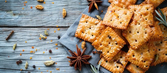 Poster - Crackers with spices displayed on a gray wooden surface, ideal for a copy space image.