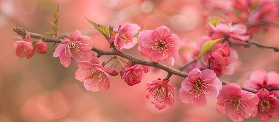 Poster - Close-up image showcasing a tree branch with beautiful fresh pink flowers in full bloom during spring, creating a lovely floral background with copy space.