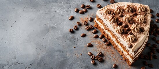 Poster - Coffee cake garnished with coffee beans, creating a delightful aesthetic with a copy space image.