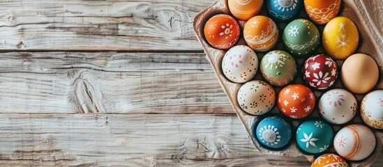 Poster - Easter eggs displayed in a carton on a light wooden surface with room for text. Copy space image.