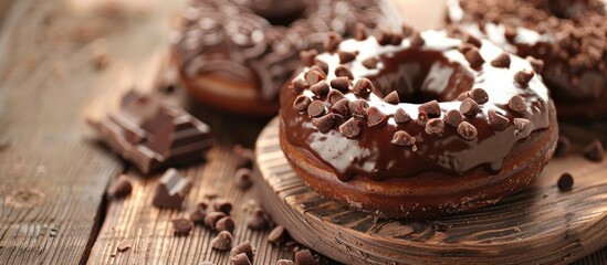 Poster - Chocolate donut with chocolate pieces and stripes displayed on a wooden table with selective focus for a copy space image.