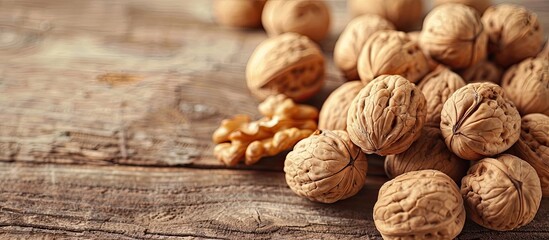 Poster - Close-up view of a pile of walnuts on a wooden surface with ample copy space image.