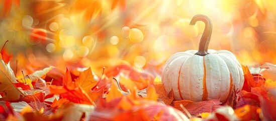 Poster - Colorful autumn setting with selective focus on orange and white pumpkin surrounded by vibrant maple leaves. Bokeh background provides copy space image.