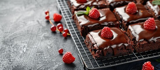 Aufkleber - Delicious dessert with chocolate brownie squares topped with chocolate glaze and fresh berries placed on a baking rack against a gray concrete backdrop, offering copy space image.