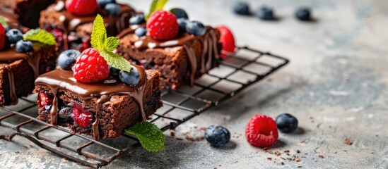 Aufkleber - Delicious dessert with chocolate brownie squares topped with chocolate glaze and fresh berries placed on a baking rack against a gray concrete backdrop, offering copy space image.