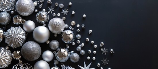 Poster - Black background highlighted with white and silver Christmas decorations with empty copy space image for text, ideal for holiday postcards or invitations. Top view layout.