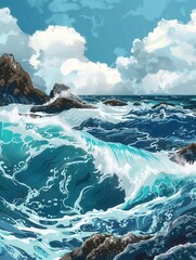 Wall Mural - A dramatic image of powerful ocean waves crashing against picturesque rocks on a sunny day. Generative AI
