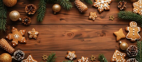 Poster - Festive holiday background featuring gingerbread cookies, Christmas decorations, and fir branches on a wooden backdrop. Perfect for New Year and Christmas celebrations, capturing the essence of
