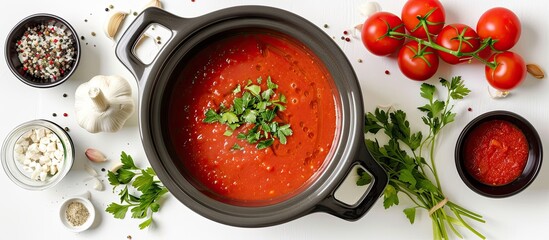Aufkleber - An image of gazpacho soup in a crock pot with ingredients, isolated on a white background, offering space for text or graphics. image with copy space