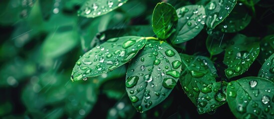 Poster - Closeup image of raindrops on a wild plant with fresh green foliage background for copy space image.