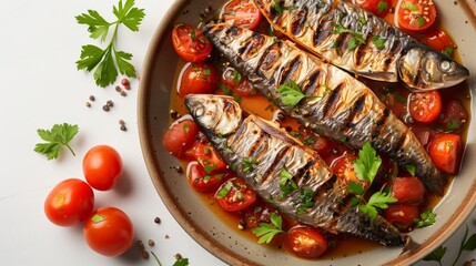 Grilled fish with cherry tomatoes and herbs on a plate