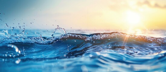 Aufkleber - Abstract nature backdrop with sunlit waves on clear, calm water, in blue hues, featuring bubbles and splashes. Ideal for a copy space image.
