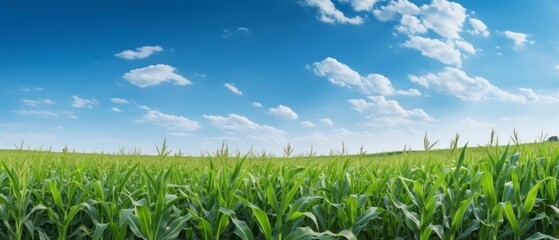 Wall Mural - Green corn field and blue sky with white clouds.