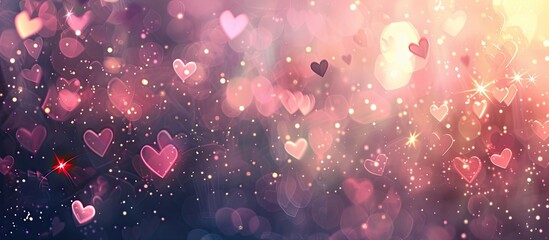 Leinwandbilder - Valentine's Day themed background with soft glowing lights and sparkling stars creating a blurred bokeh effect for a romantic atmosphere in copy space image.