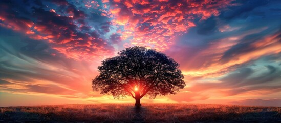 Poster - Capture the serene beauty of a colorful sunset with a tree silhouette against the moving clouds in a peaceful woodland setting at dusk, ideal for adding text with a copy space image.