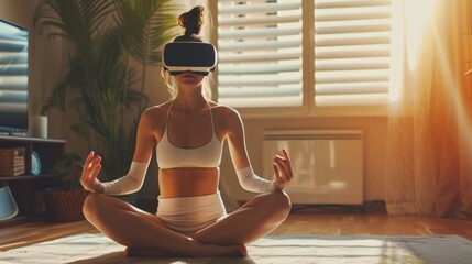 Wall Mural - Young female doing yoga at home with the help of VR technology.