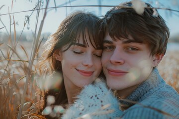 Wall Mural - A happy young Caucasian couple casually smiles for a photo, looking at the camera against a city background, with rim light highlighting their hair.