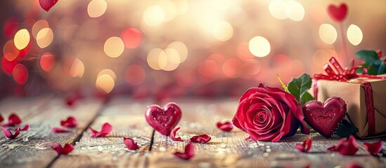 Poster - Valentine's Day composition featuring roses, gifts, hearts, and a romantic bokeh background with copy space image.