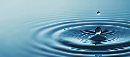 Poster - A water droplet ascends after landing on a rippled blue water surface with copy space image.