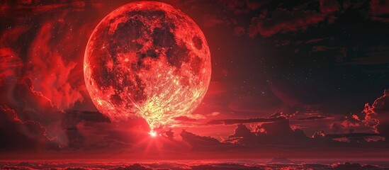 the vivid red full moon in a striking copy space image.