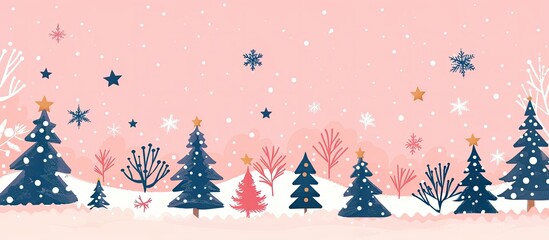 Poster - Winter Holiday themed gift card featuring a pink background with Christmas elements like trees, stars, snowflakes, and holiday lettering, perfect for Xmas with space for text in the image