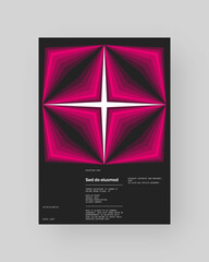 Abstract poster design. Vertical format wall art, interior mockup. Magenta, white, black composition. Geometric neon illustration with space and y2k style elements.