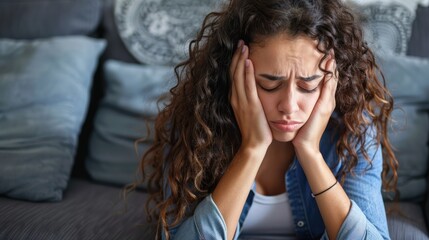 A young woman is sitting on a couch, holding her head in her hands. She has a worried expression on her face.