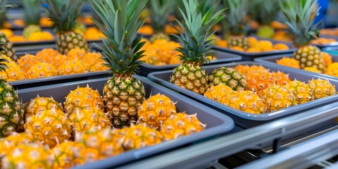 Wall Mural - Automated Process of Sorting and Packaging Fresh Pineapples in Industrial Food Production. Concept Pineapple Sorting, Packaging Automation, Fresh Produce, Food Industry, Industrial Processes