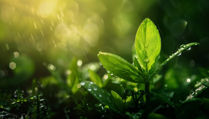 A close-up of a fresh green plant in the rain, illuminated by soft sunlight, capturing the essence of renewal and the vibrant beauty of nature