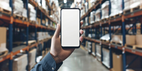 Man holding a phone mockup in his hands against the background of a warehouse