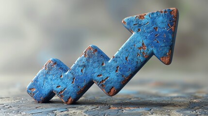 Canvas Print - A 3D rendering of a blue arrow pointing upwards. The arrow is made of a rough material and has a rusty texture. It is sitting on a textured surface.