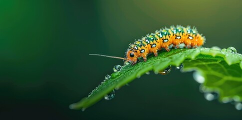 Wall Mural - A small caterpillar on a leaf on green background.