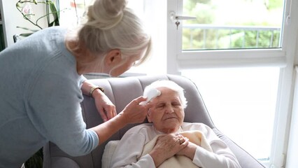 Poster - Caregiver using a body temperature monitor with elderly woman at her home