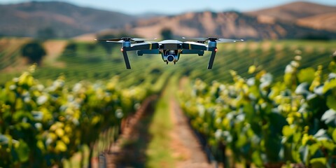 Wall Mural - A drone flies over a vineyard as a farmer controls it remotely. Concept Farm Technology, Agriculture Innovation, Drones in Farming, Viticulture, Precision Agriculture