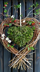 Wall Mural - Heart shaped wreath with greenery and flowers, symbolizing love and nature, detailed and serene outdoor photography