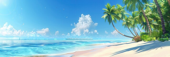 Poster - A breathtaking view of a tropical beach with white sand, crystal-clear water, and swaying coconut palm trees. Generative AI