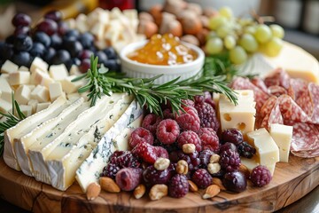 A gourmet cheese board featuring an assortment of aged cheeses, fresh fruits, nuts, and honeycomb, all displayed on a wooden board. 