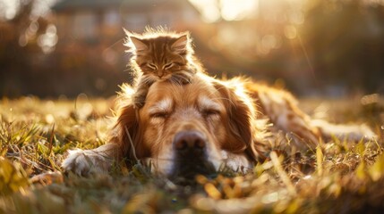 Canvas Print - Dog and a cat rest on lawn in outdoor park