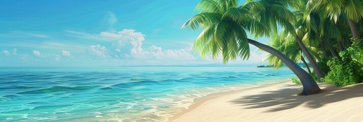 Poster - A picturesque tropical beach with clear blue water, soft white sand, and swaying palm trees. Generative AI