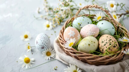 Wall Mural - top view of a full basket of colorful easter eggs